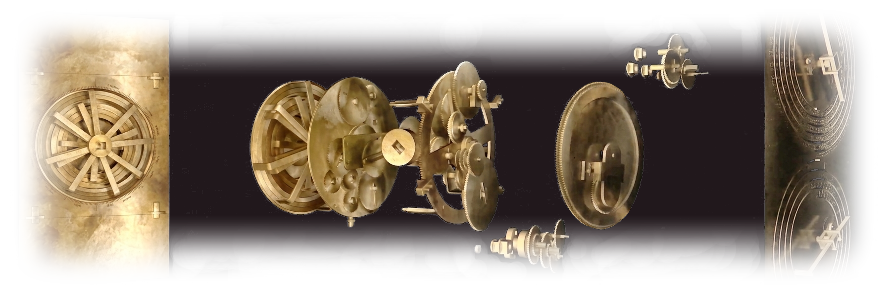 An exploded diagram of the mechanism: a recovered fragment plate on the left, its bronze gear train pulled apart into separate wheel-and-axle stacks across the middle, and cross-sectioned dial faces on the right