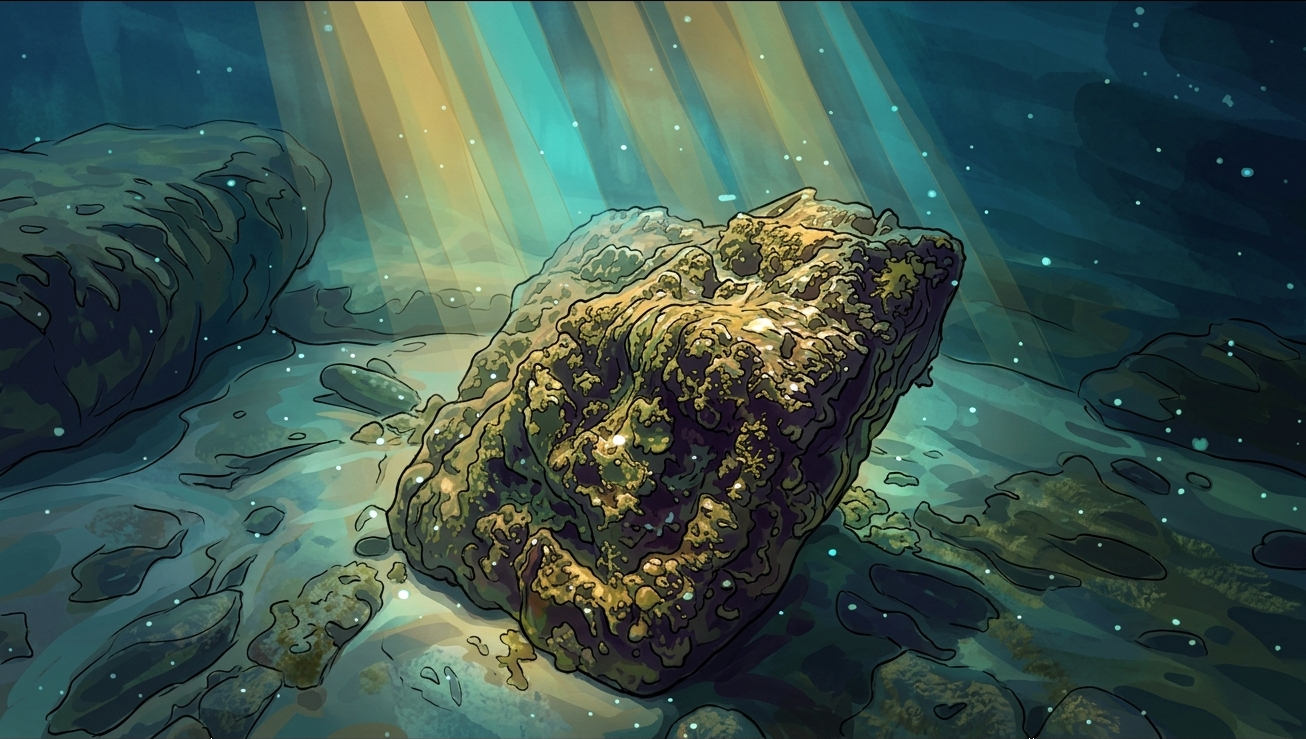 Illustrated impression of the corroded lump resting on the seabed, shafts of light breaking through the water above it