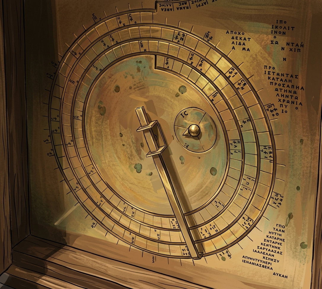 Illustrated representation of the Saros dial: a four-turn bronze spiral divided into inscribed cells, tracked by an extendable pointer arm pivoting from the small Exeligmos sub-dial at centre, with columns of Greek text inscribed alongside