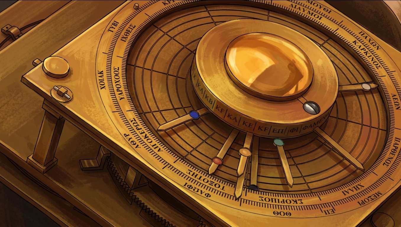 Illustrated close-up of the mechanism's front dial: an outer ring of Egyptian calendar month names, an inner zodiac scale marked in degrees, and coaxial pointers tipped with coloured gems fanning out from the central boss