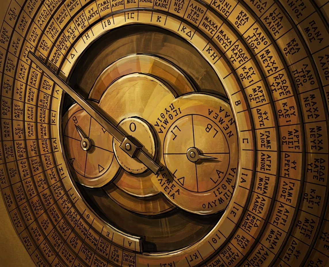 Illustrated representation of the four-year Games dial, its four sub-sectors naming the Olympic, Nemean, Isthmian and Pythian games