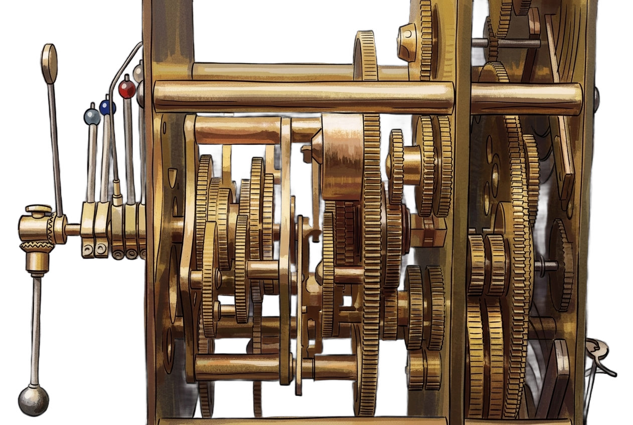 Illustrated representation of the gear train seen from the side, dense ranks of meshed bronze wheels behind the mechanism's hand crank