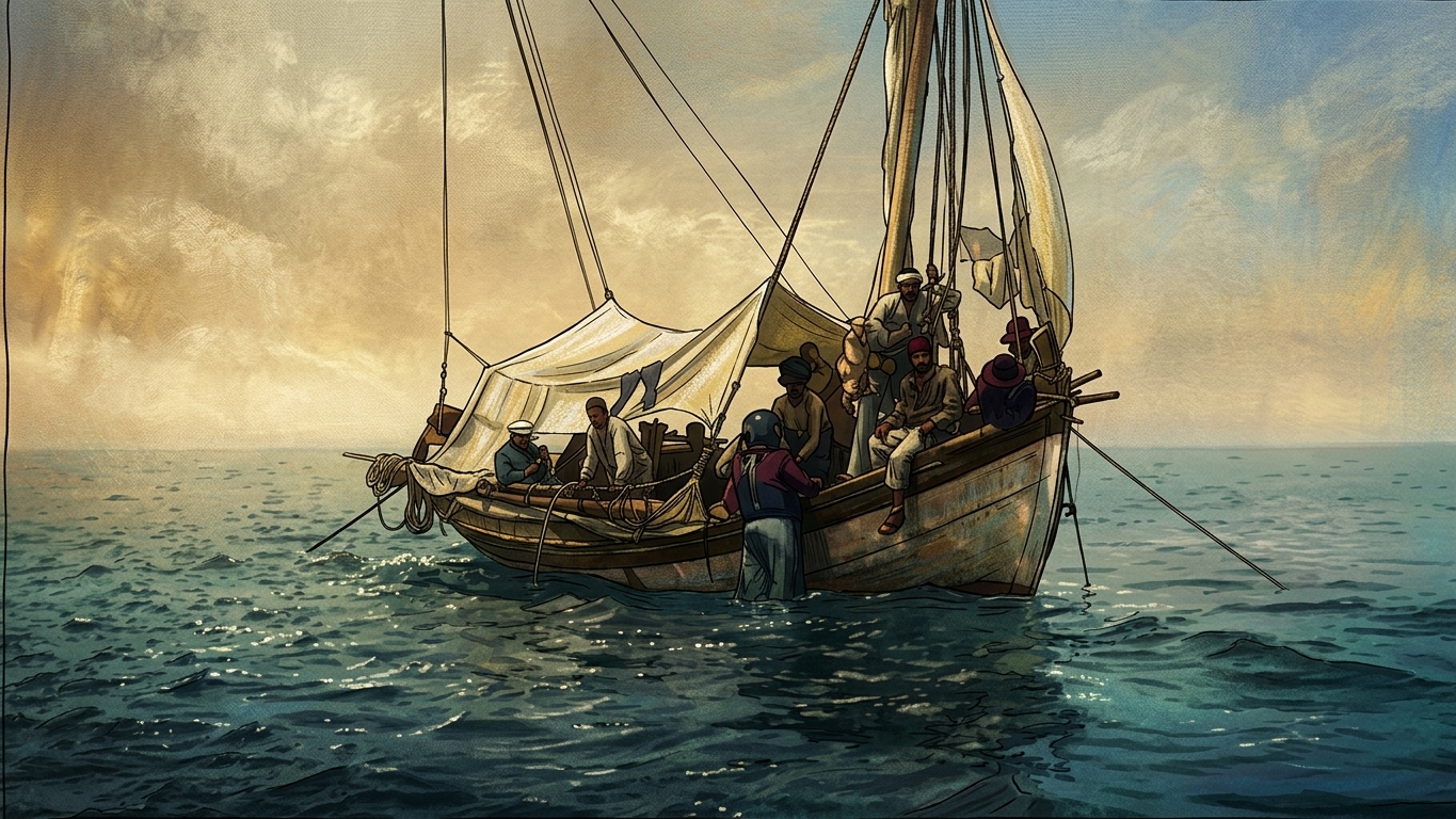 Illustrated impression of the sponge divers' boat at sea, the crew at work on deck under a hazy sky