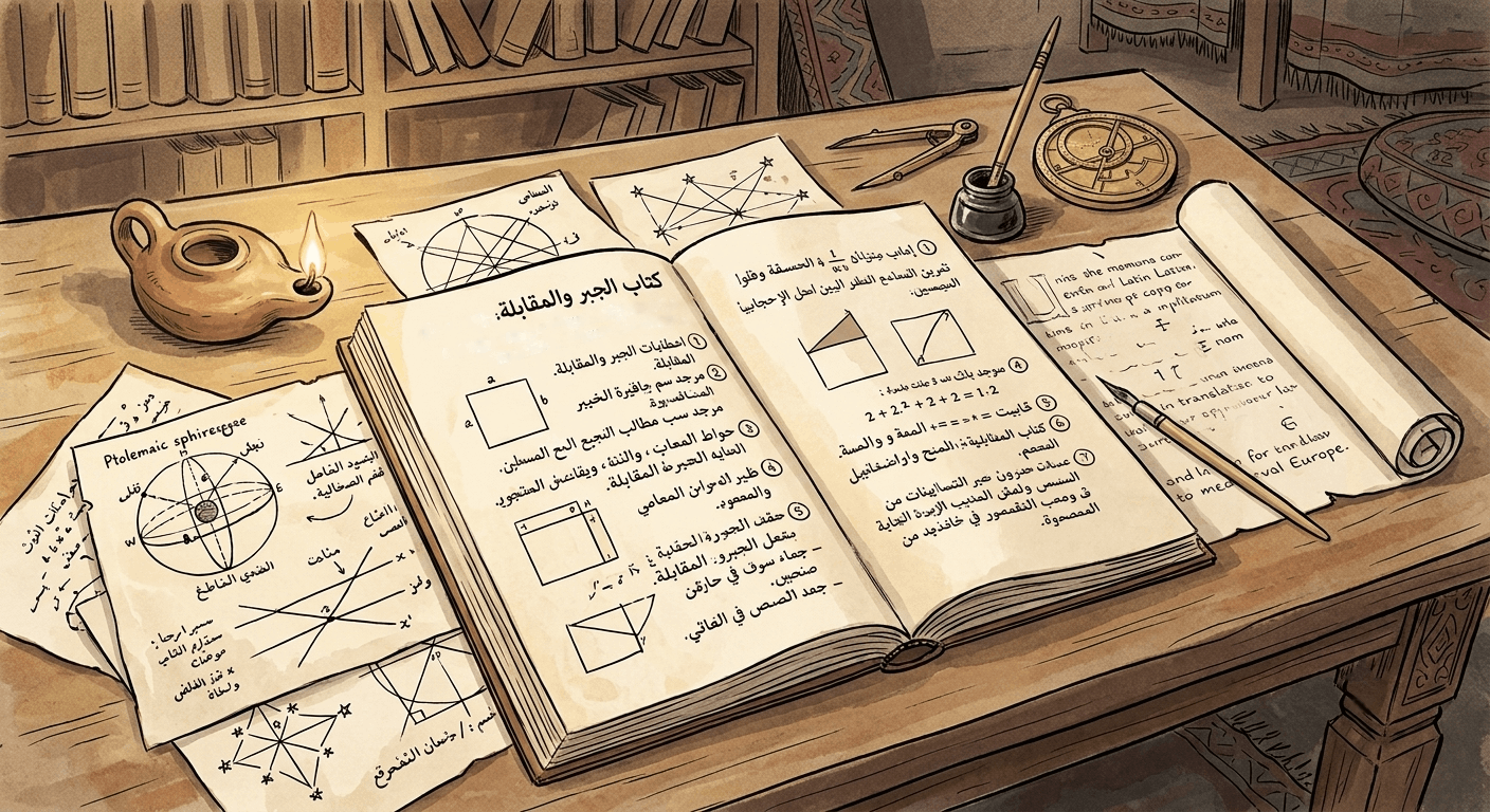 Al-Khwarizmi's open book of algebra, the positional logic that became the algorithm.