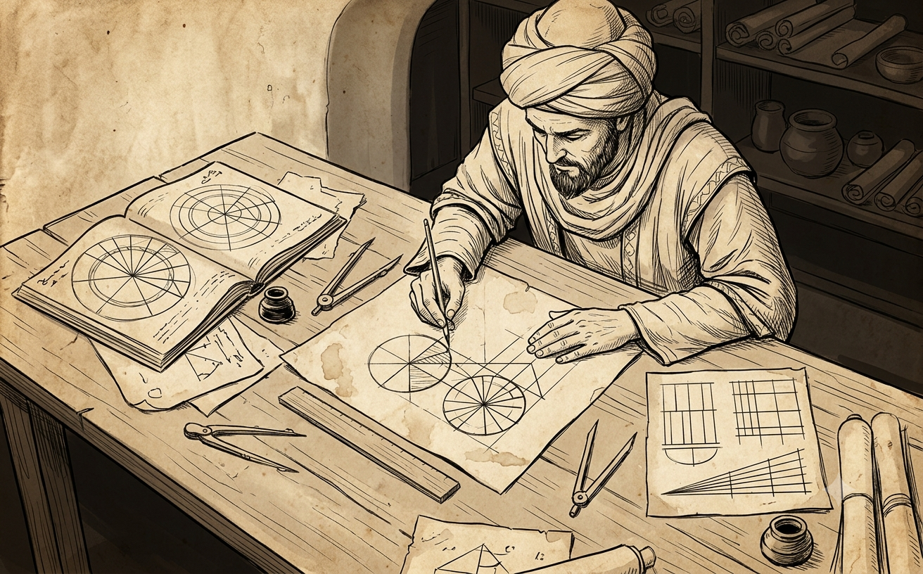 Al-Khwarizmi at his desk where Indian decimal mathematics and Babylonian base-60 converge.