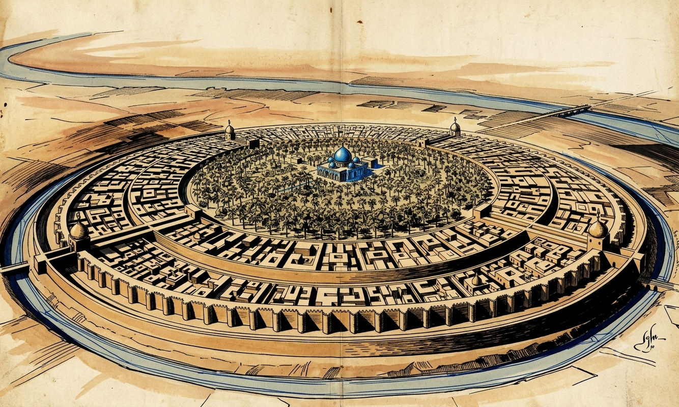 Baghdad as a centre of scholarship under al-Ma'mun: the round city, books gathered and translated into Arabic.