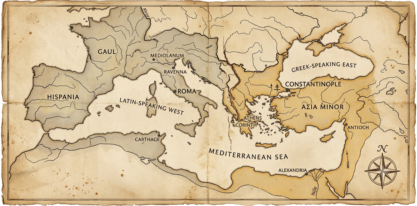 Map of the Roman Empire dividing into Eastern and Western halves along a linguistic fault line.