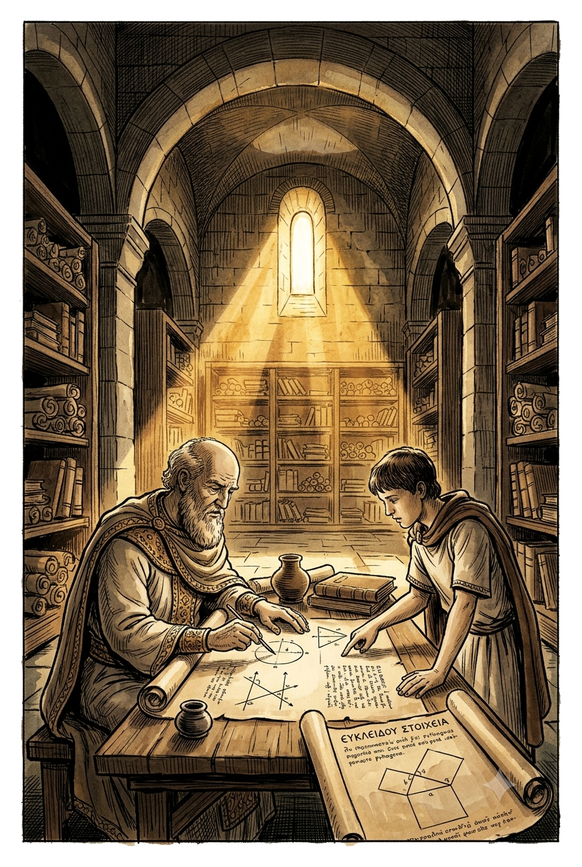 Two figures tracing Euclid's geometry by lamplight in a dim library vault.