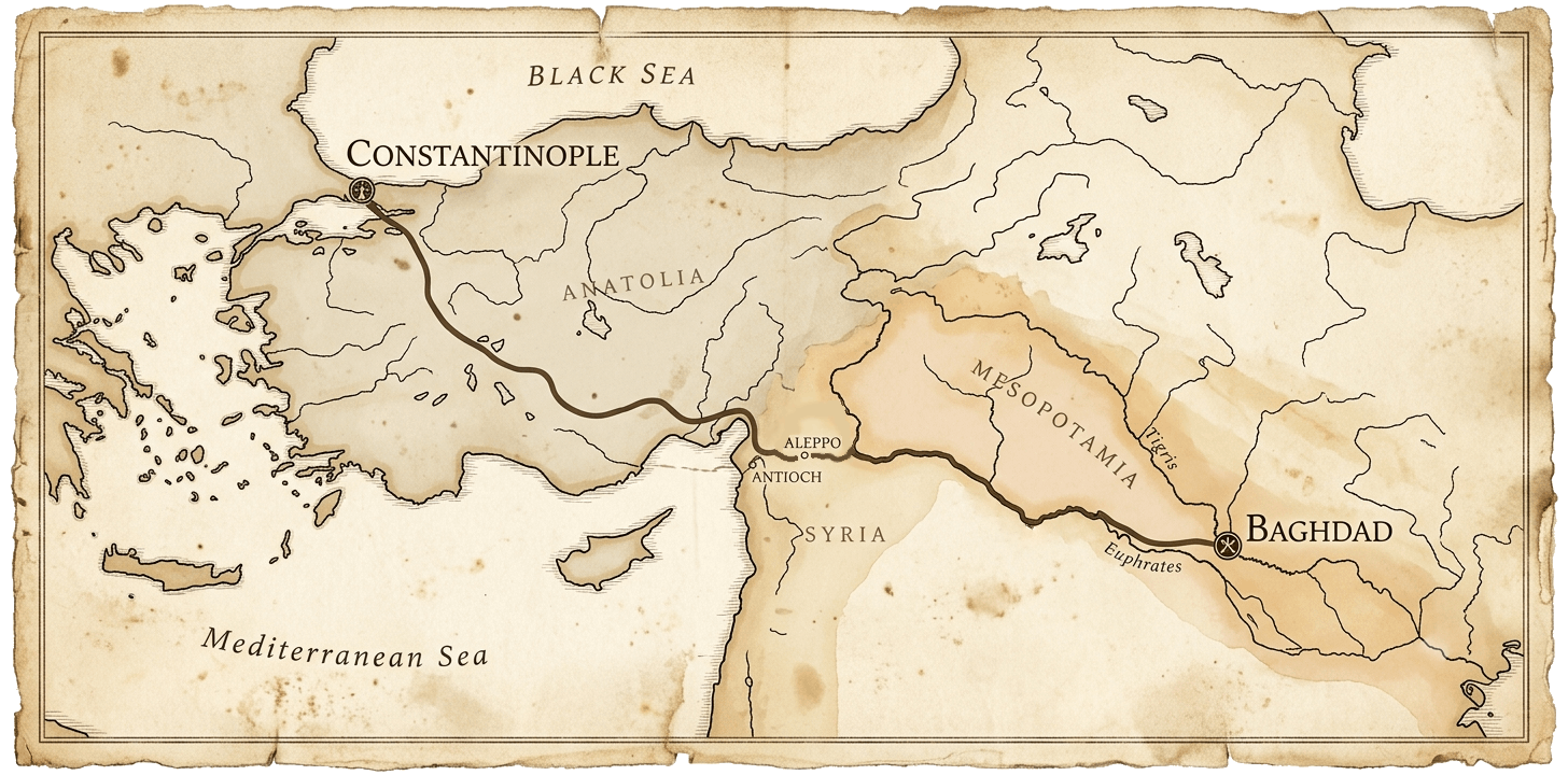 Map line between Baghdad and Constantinople tracing the offer of gold and peace.