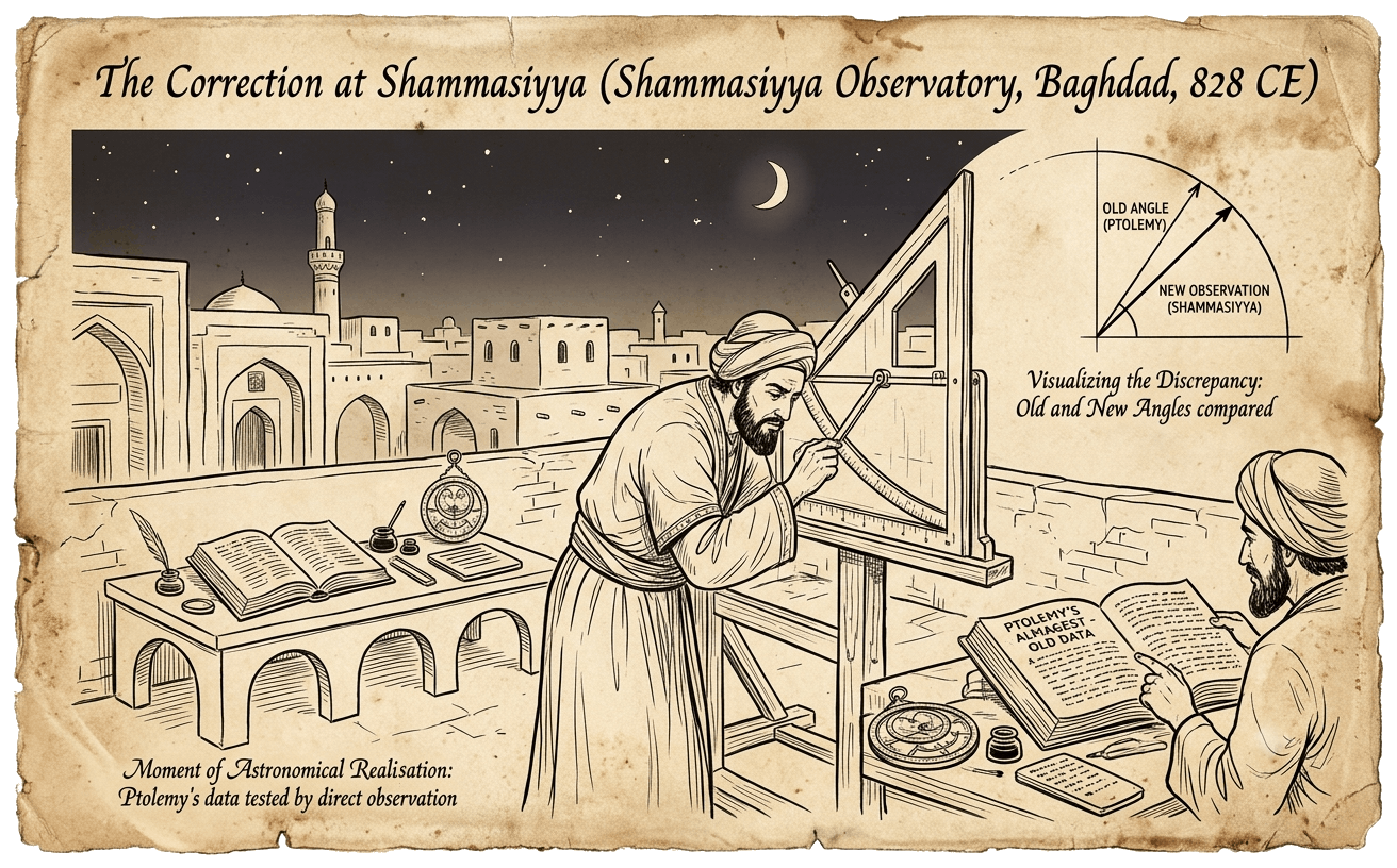 Astronomers at the Shammasiyya observatory in 828 re-measuring the Earth's tilt and correcting Ptolemy.