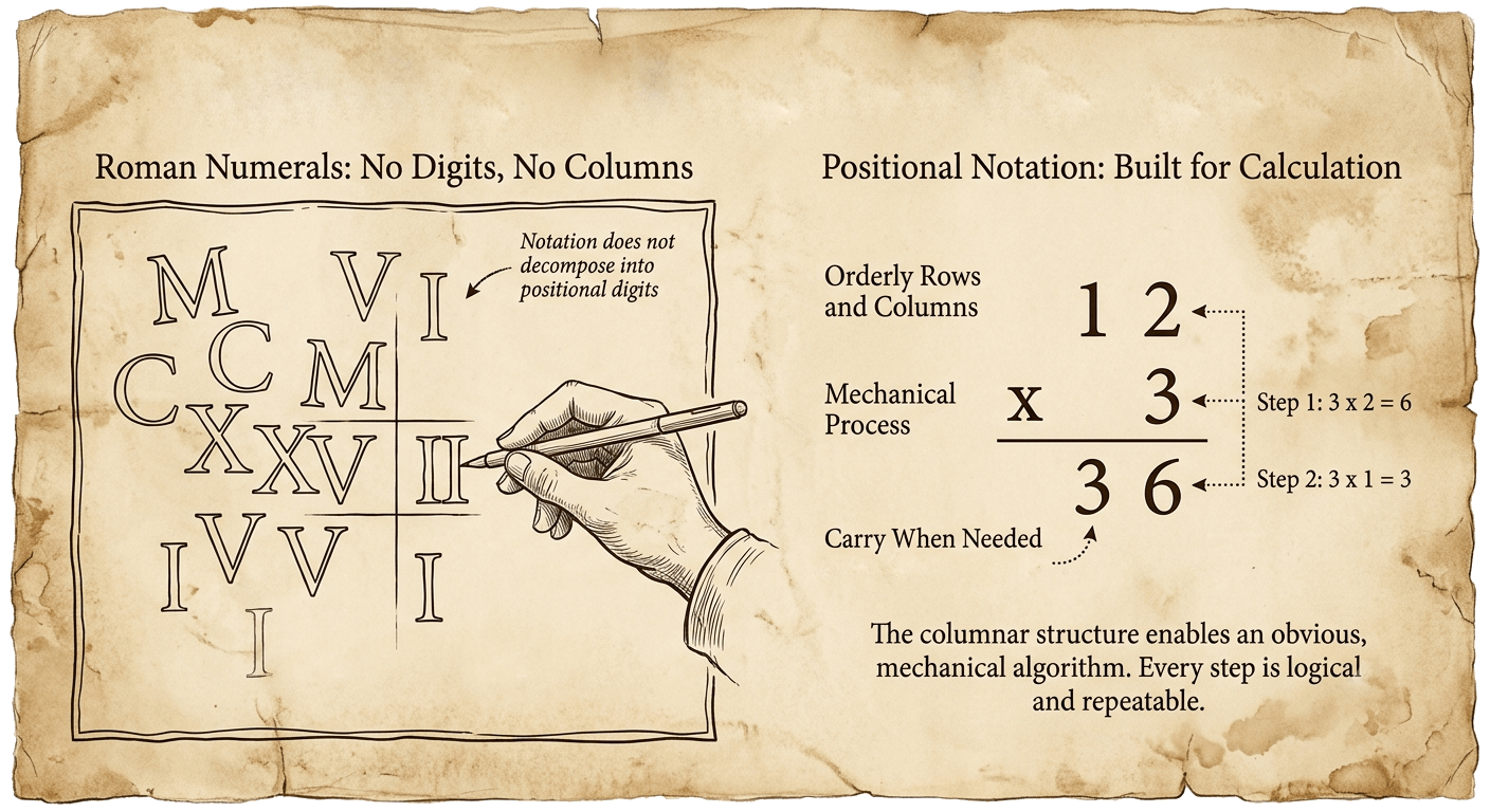 Roman-numeral multiplication contrasted with a repeatable columnar routine.