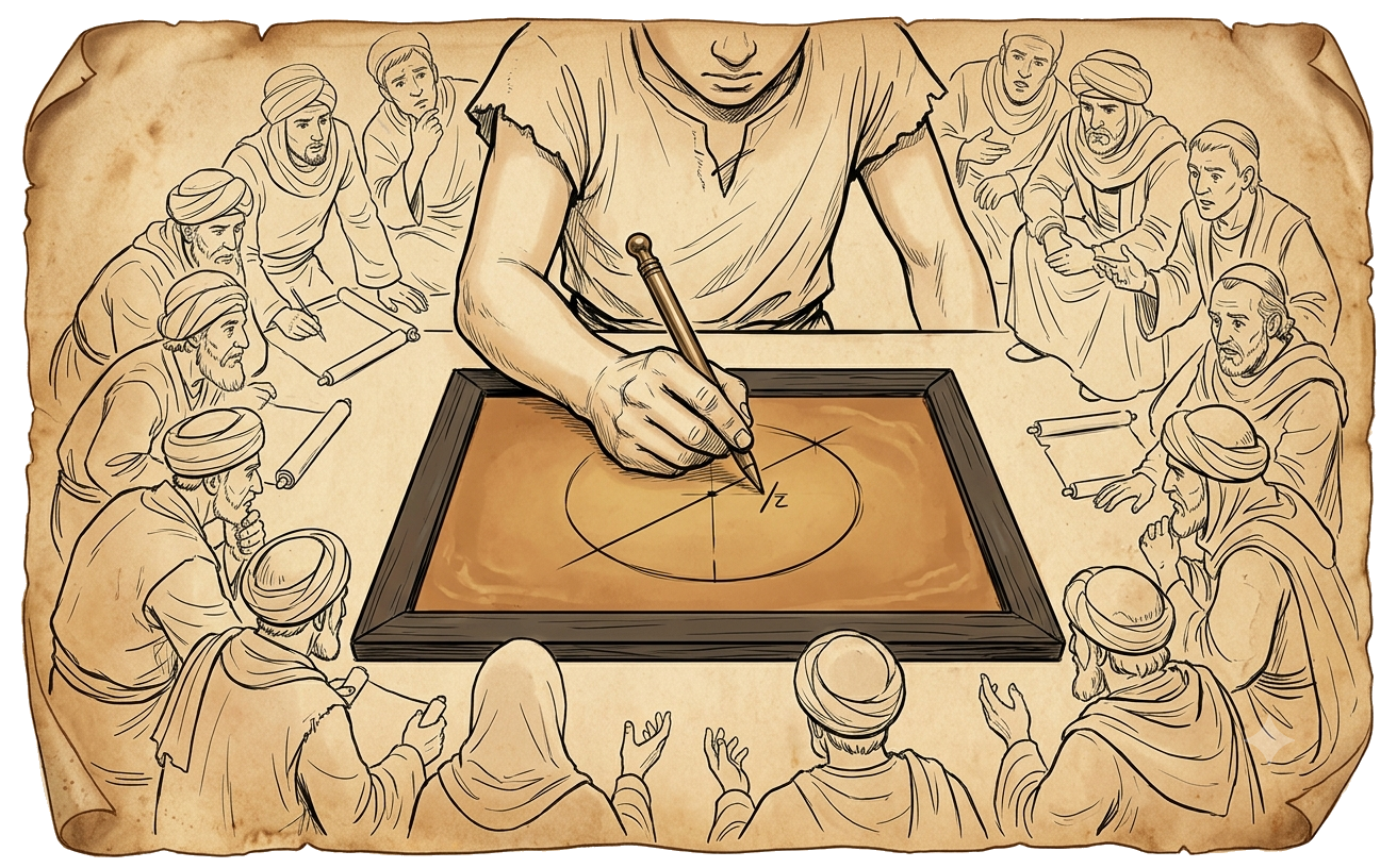 A captured student draws a circle with a bisecting line and a marked ratio before the court's mathematicians.