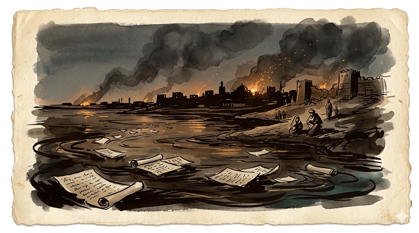 The sack of Baghdad, 1258: the Tigris darkened with the ink of destroyed books.
