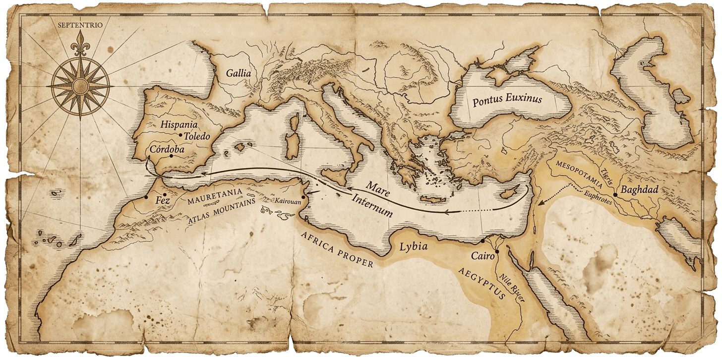 Map of algebra's transmission west across North Africa into Spain toward Córdoba and Toledo.