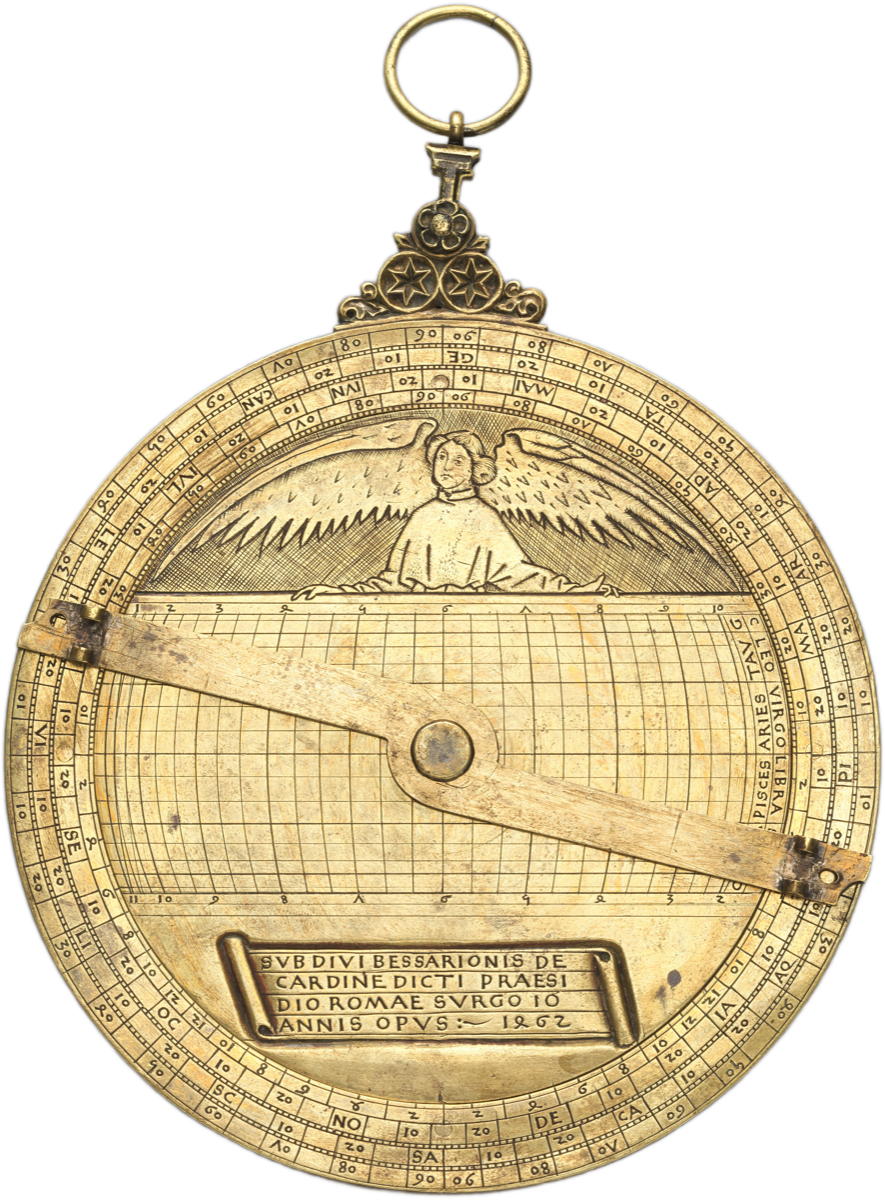 The back of a brass astrolabe, the alidade sighting bar across an engraved grid