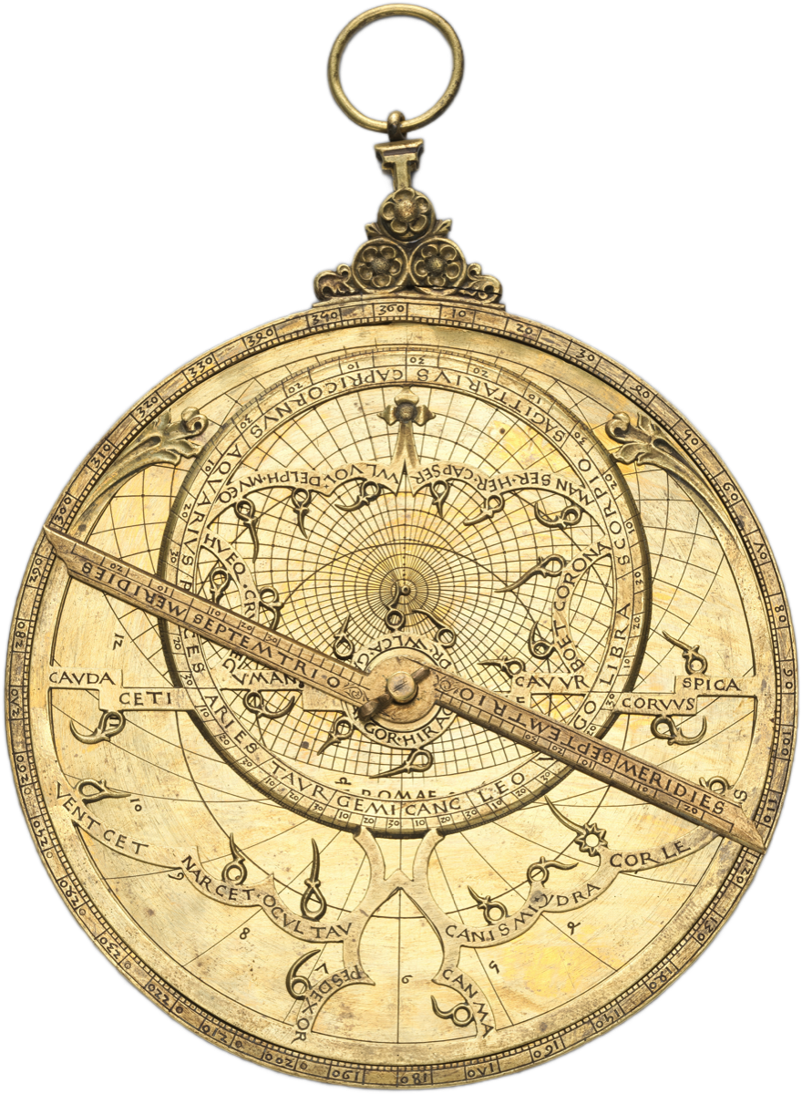 The front of a brass astrolabe, the pierced rete over the engraved star map