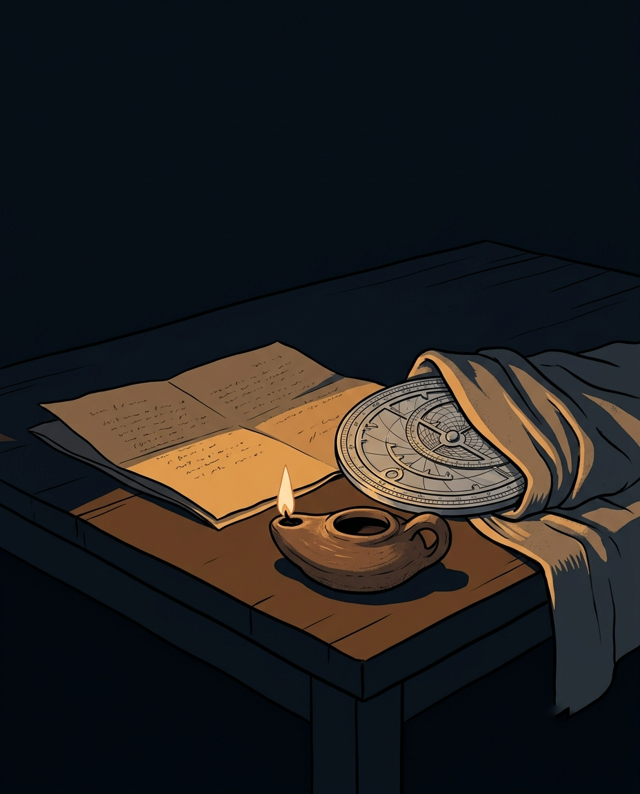 A letter, an oil lamp and a cloth-wrapped silver astrolabe on a dark table