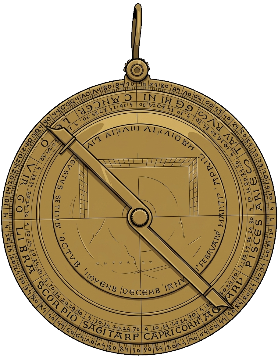 The back of a gilt astrolabe, engraved with a calendar of months and a shadow square