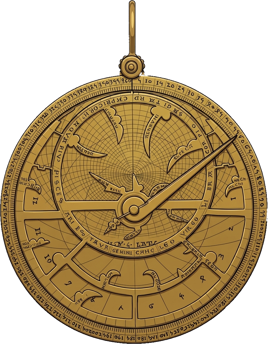 A gilt astrolabe seen from the front, its ecliptic ring carrying the twelve zodiac signs