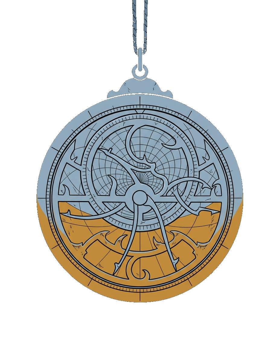 An astrolabe hanging from its cord, catching starlight
