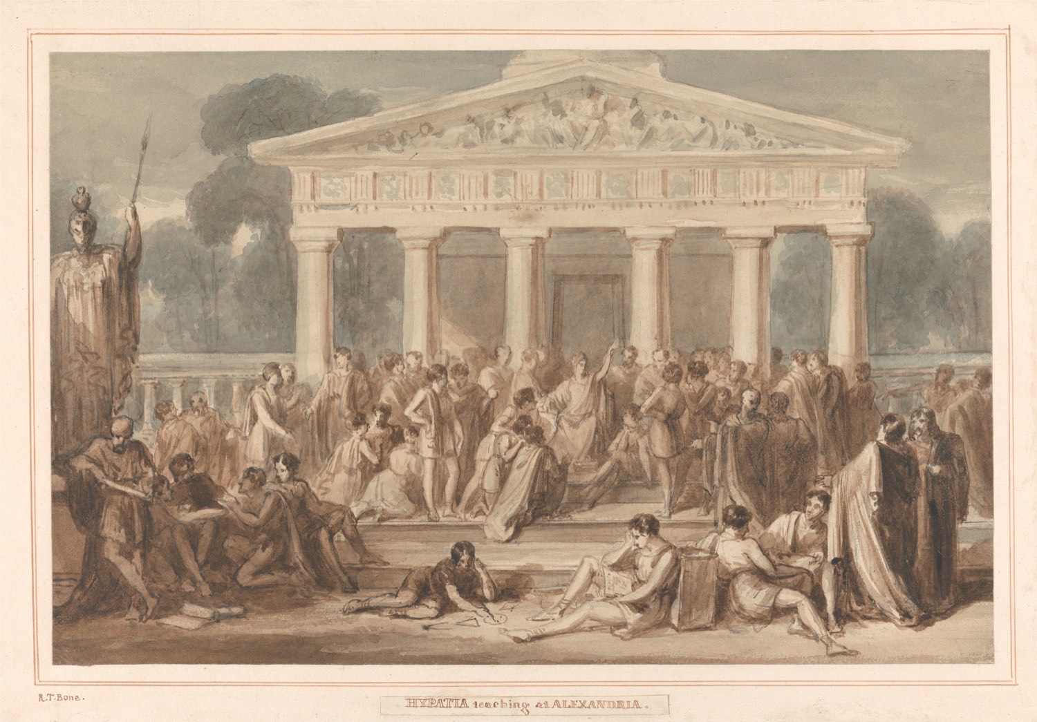 Watercolour of Hypatia teaching a gathered crowd before a classical temple