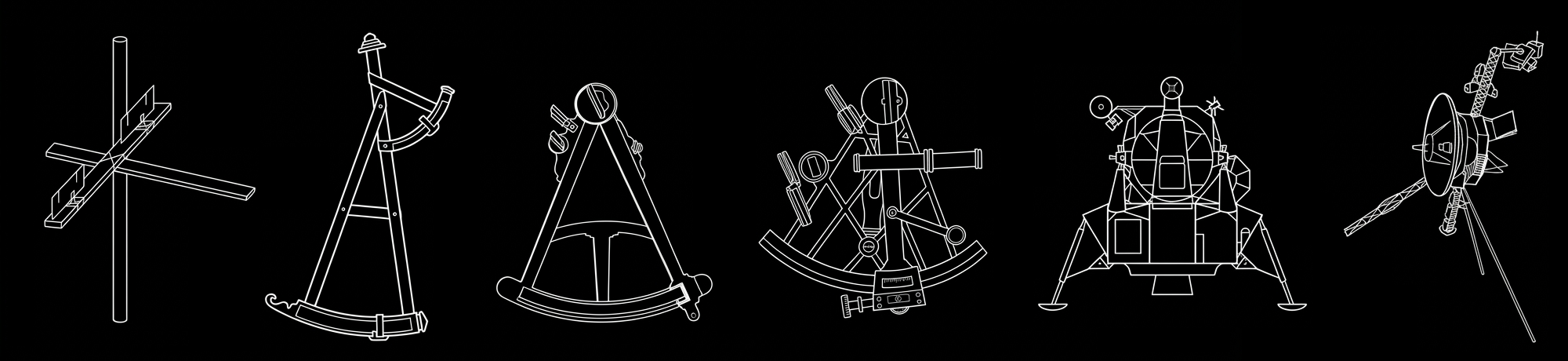 A line-drawn sequence of navigation instruments: cross-staff, backstaff, octant, sextant, the Apollo lunar module and the Voyager probe