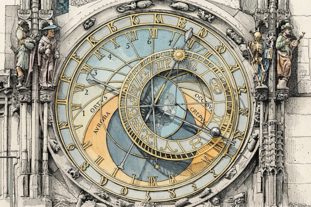 An illustration of the Prague astronomical clock: an astrolabe-style dial with Roman numerals, a zodiac ring and a golden sun-hand, flanked by carved figures