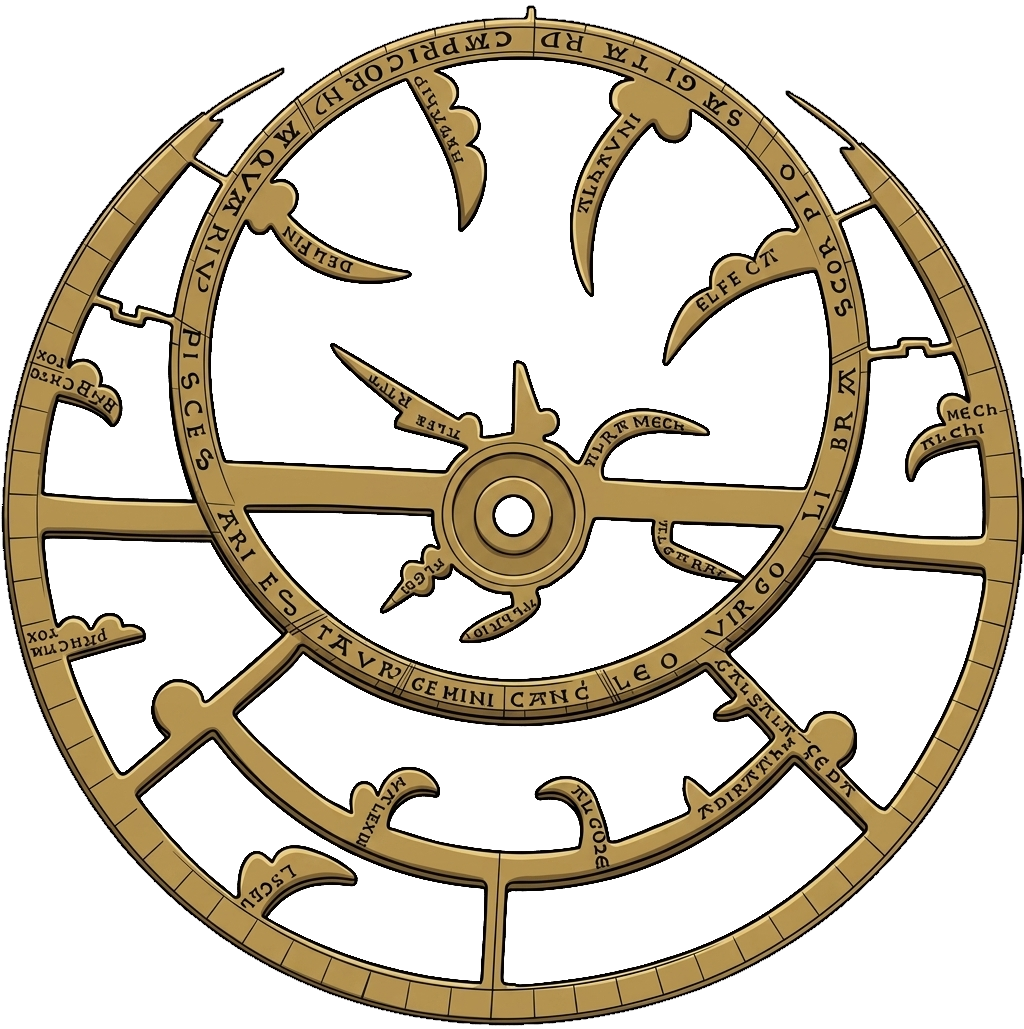 The pierced brass rete of the astrolabe, its curved pointers each fixing on one named star