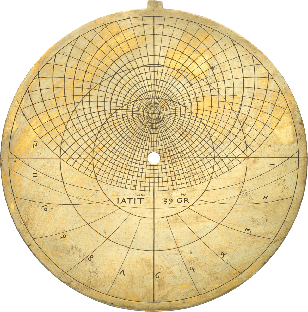 A brass latitude plate engraved with concentric projection circles, inscribed LATIT 39 GR