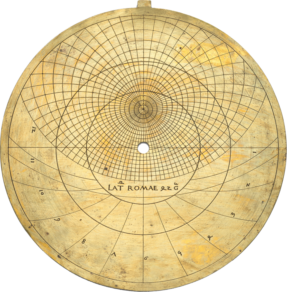A brass tympan engraved with concentric projection circles, inscribed LAT ROMAE