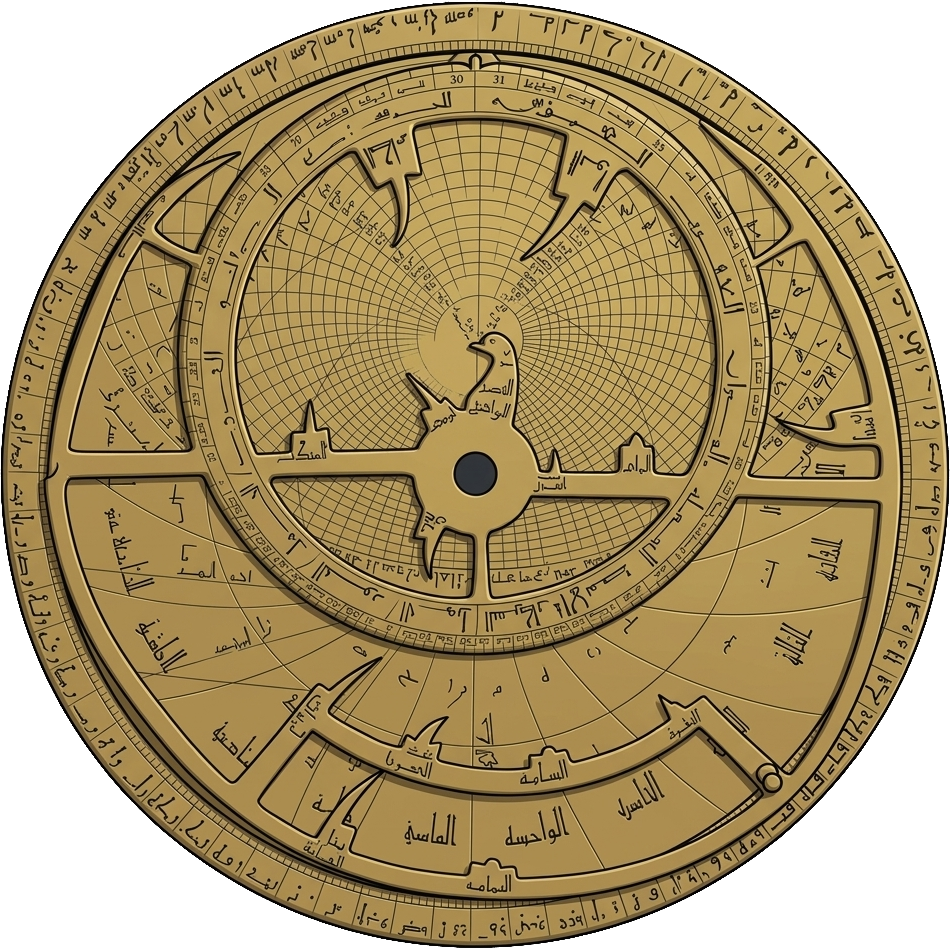 A depiction of the Verona astrolabe: an eleventh-century disc, its rim and plates engraved in Arabic script