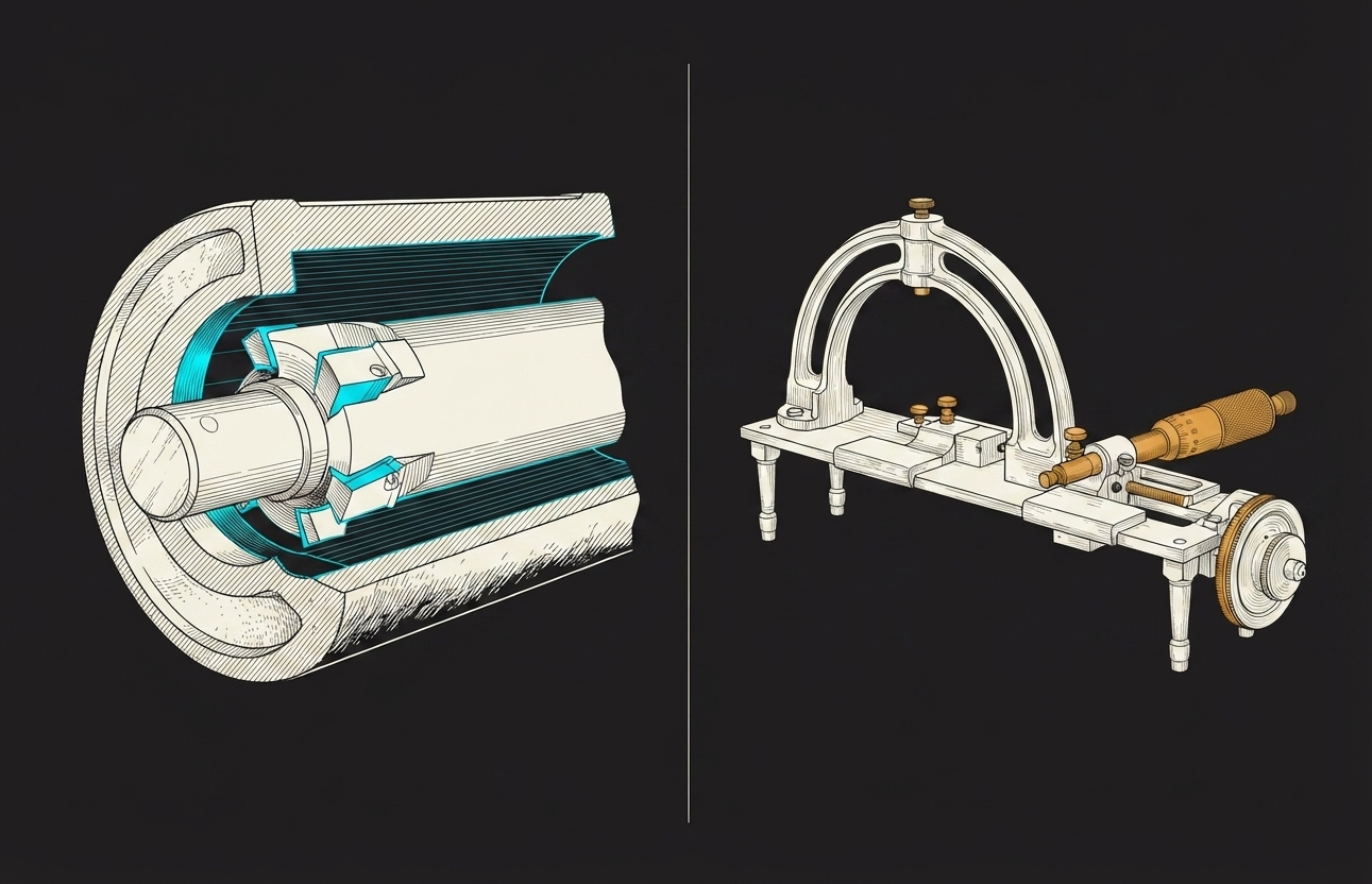 A two-part comparison drawing on a dark ground. On the left, a large cast-iron engine cylinder shown in cutaway, with a long boring bar passing through it carrying angled cutting heads; the freshly cut inner wall is picked out in cyan. On the right, a bench micrometer: an arched steel frame on turned legs, a graduated brass barrel and thimble at one end and a small anvil at the other, an instrument small enough to sit on a workbench.