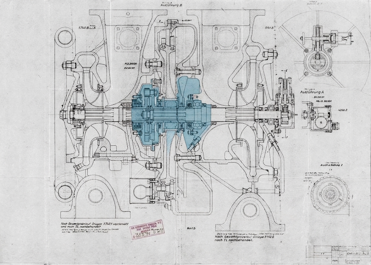 A wartime German engineering drawing, sectioned along the shaft, of the V-2 rocket's turbopump, with the steam turbine at its centre picked out in blue. The highlighted turbine drives a shaft carrying a large centrifugal impeller at each end, one for alcohol and one for liquid oxygen, inside volute housings with pipe flanges. The sheet is dense with German part numbers and DIN references and carries a rectangular United States Air Documents Division stamp from Wright Field with a microfilm number.