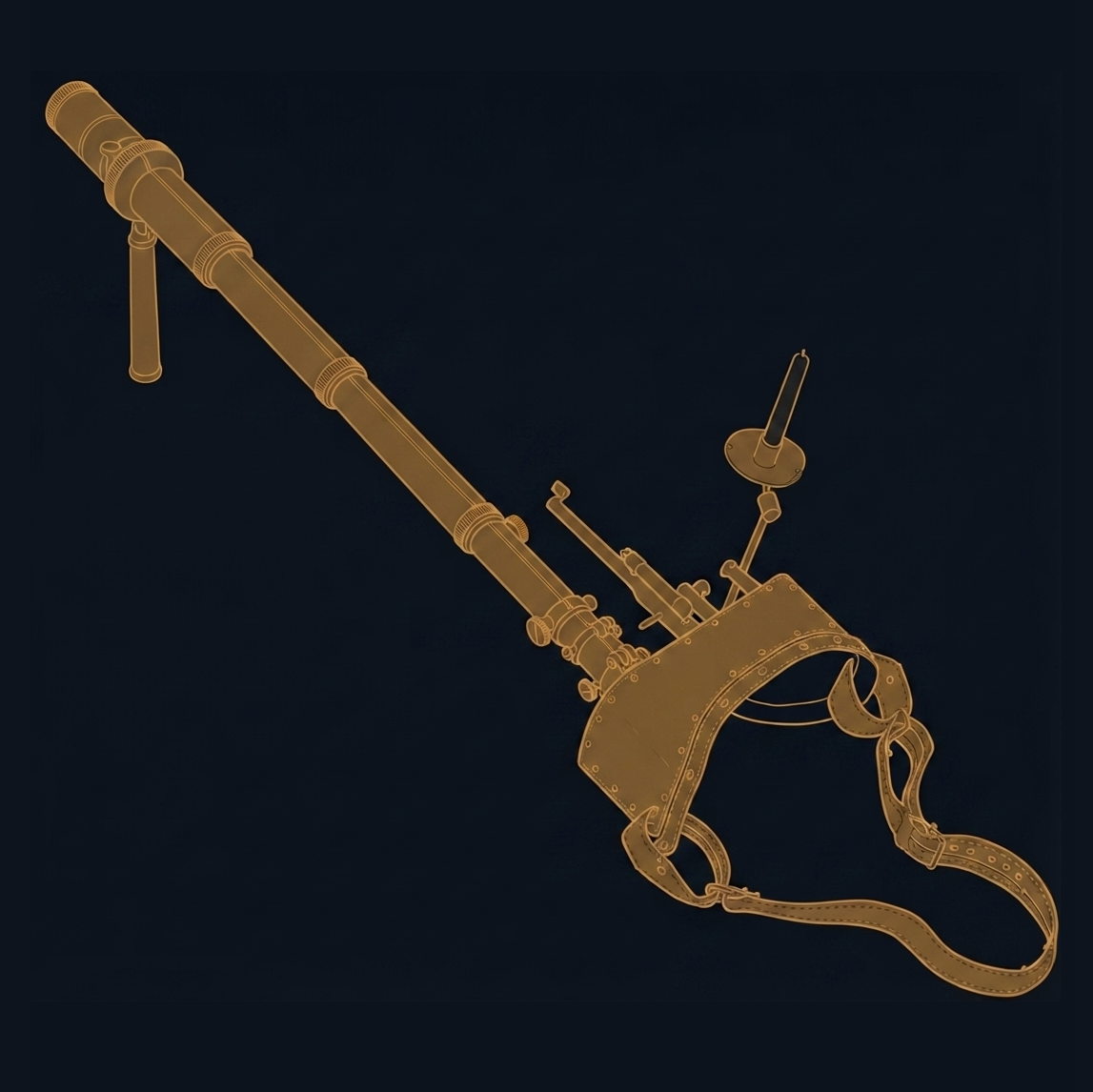 An amber line drawing on a near-black ground: a long segmented brass telescope fixed to a curved metal face plate held to the head by riveted leather straps, with a small sliding finder tube beside it, a candle on an adjustable stem, and fine screws where the tube meets the plate.