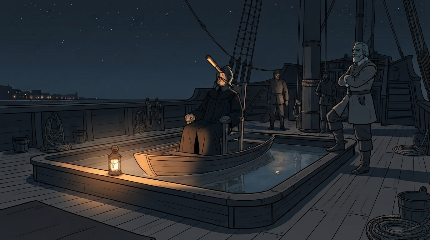 A graphic-novel rotoscope night scene on a ship's deck at Livorno: a shallow planked water tank built onto the deck, a small wooden boat floating in it, a chair in the boat, and a seated man in a dark robe wearing an iron helmet with a short brass telescope fixed over one eye slit and angled up at the stars. A lantern on the tank's rim lights the helmet and the brass warm amber; a bearded commander stands on the deck at the right with his arms folded, watching.