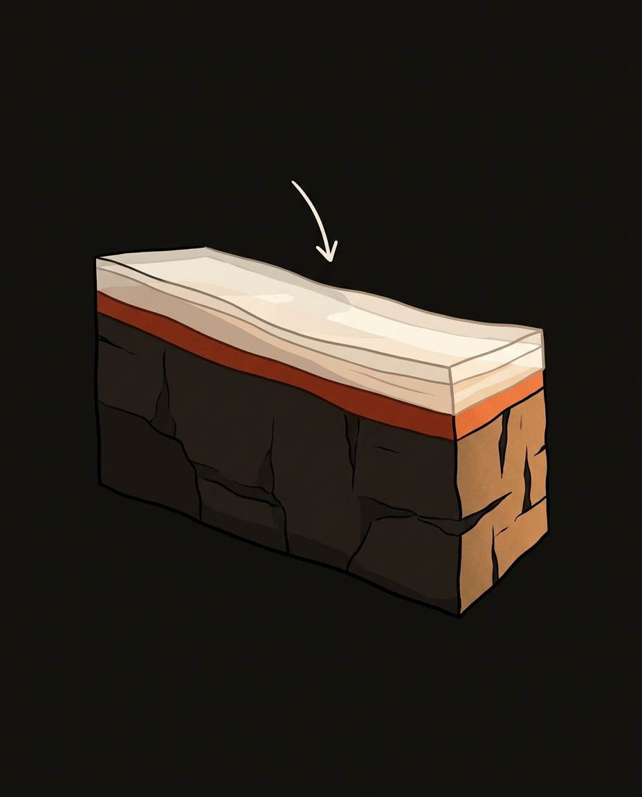 A simple cross-section of a cave wall: dark limestone below, a single band of red ochre pigment, and translucent bone-white calcite layers forming over the top and sealing the paint beneath them