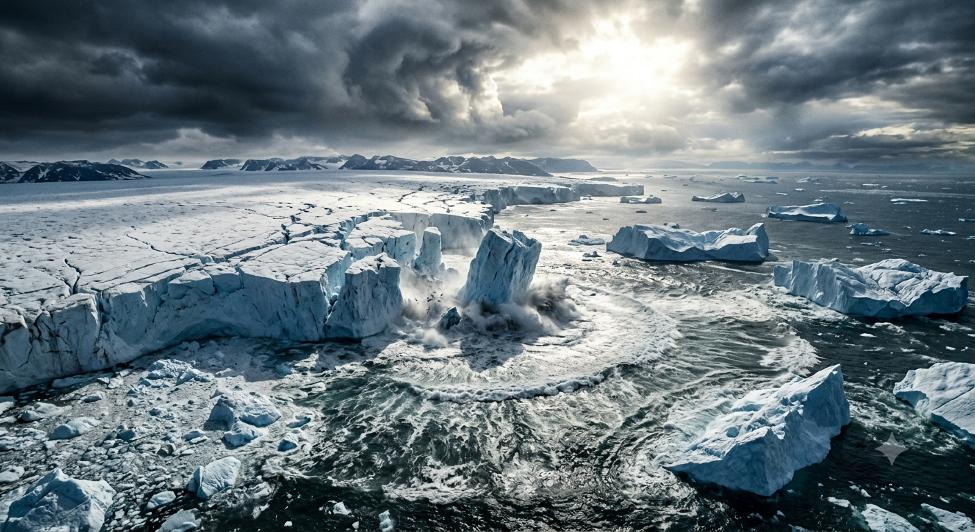 An ice shelf calves and collapses into a churning sea