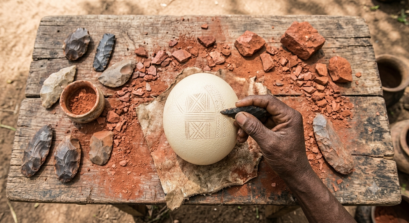 A person carefully scratching geometric lines into an ostrich eggshell with a stone blade, beside a pot of red ochre