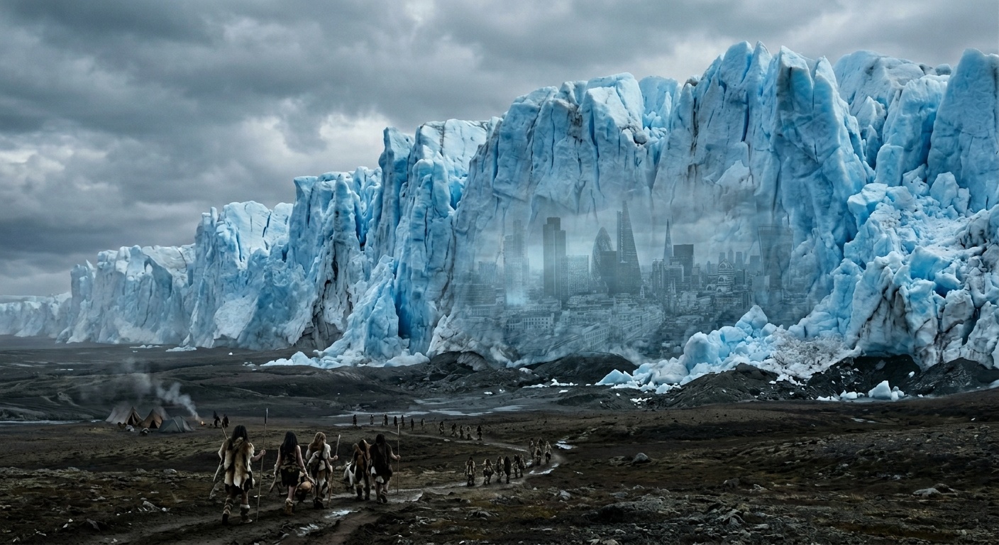 A band of ice-age people walks beneath a towering glacier, the ghost of a modern city frozen within the ice