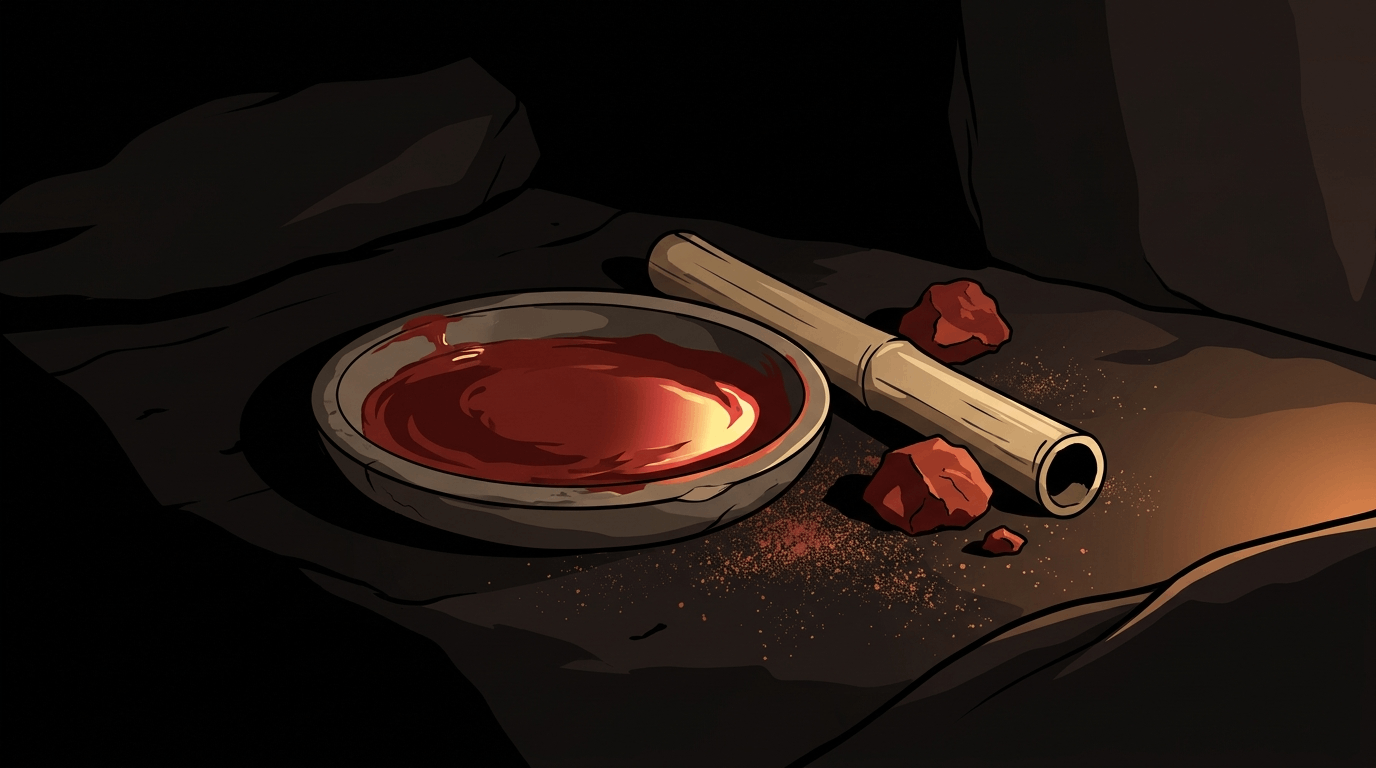 The instruments of the ritual resting on a cave floor — a stone dish pooled with red ochre pigment, a hollow bamboo tube, and scattered ochre