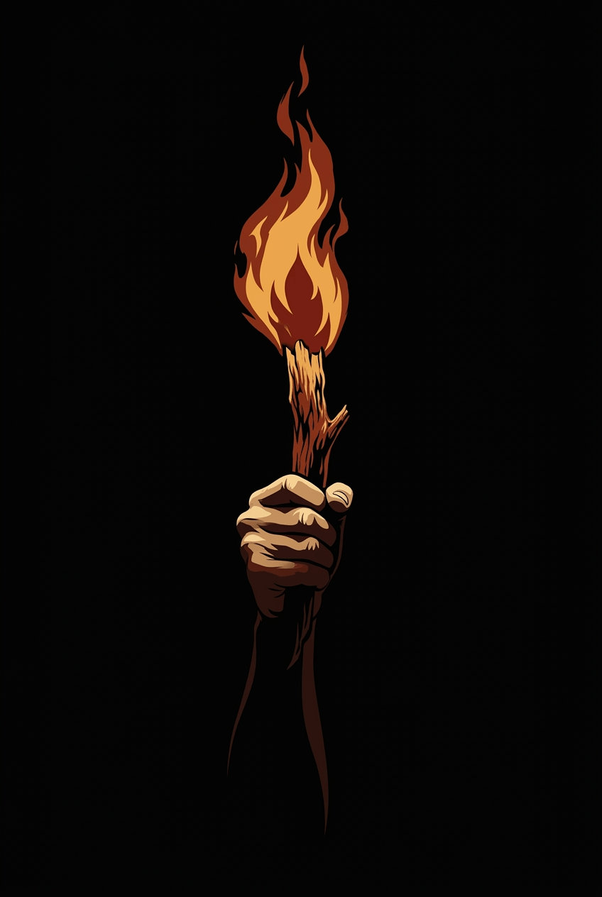 A hand emerging from the dark, holding a burning branch as a torch