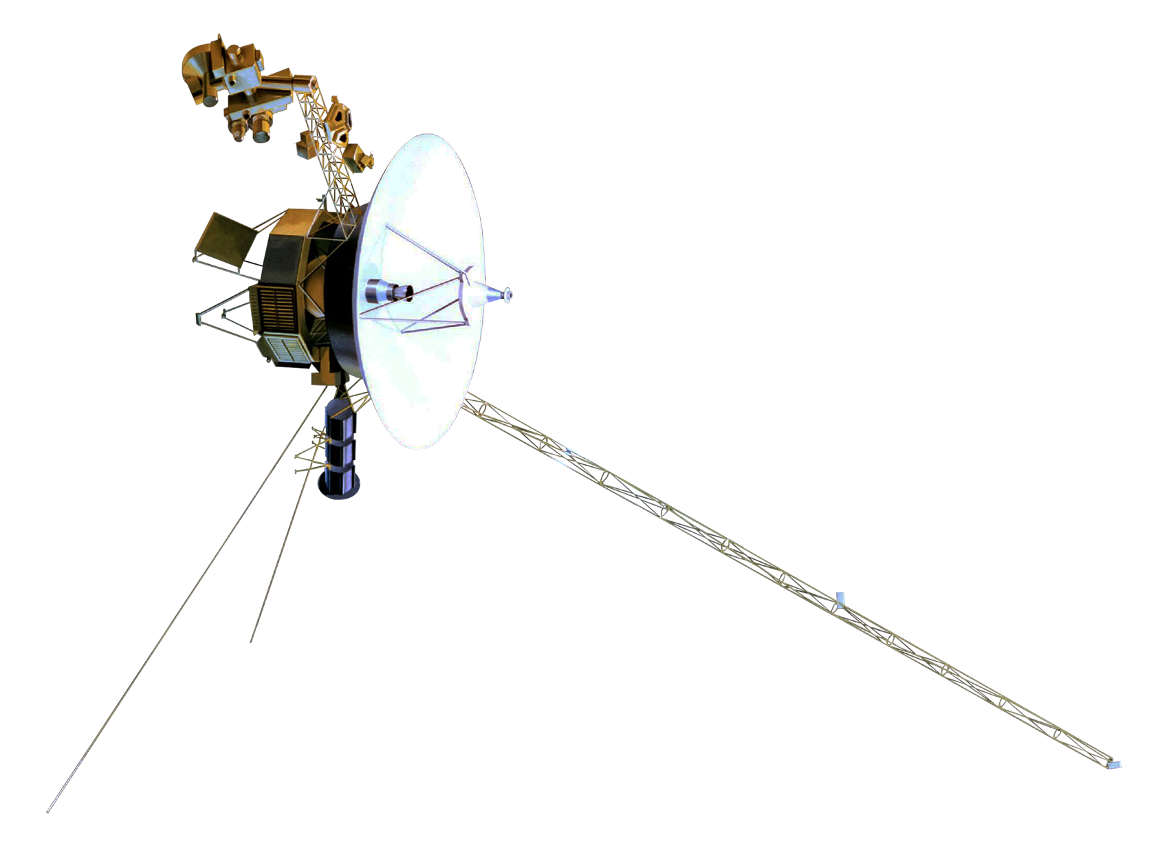 The Voyager spacecraft passing the viewer and receding into deep space