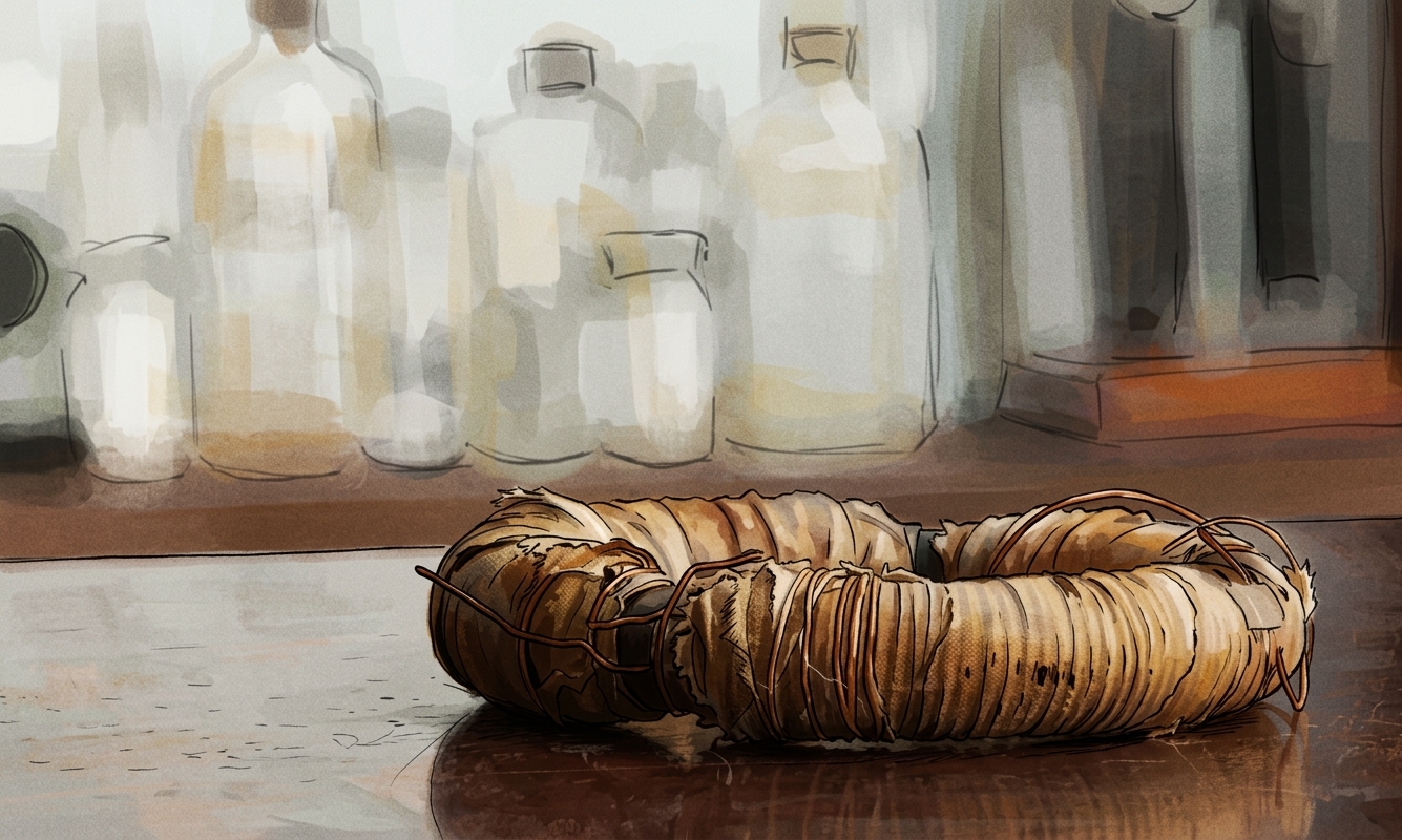 Two views of Faraday's induction coil: the wound ring resting on a table among glass bottles, and a close detail of its wire and cloth-wrapped windings.