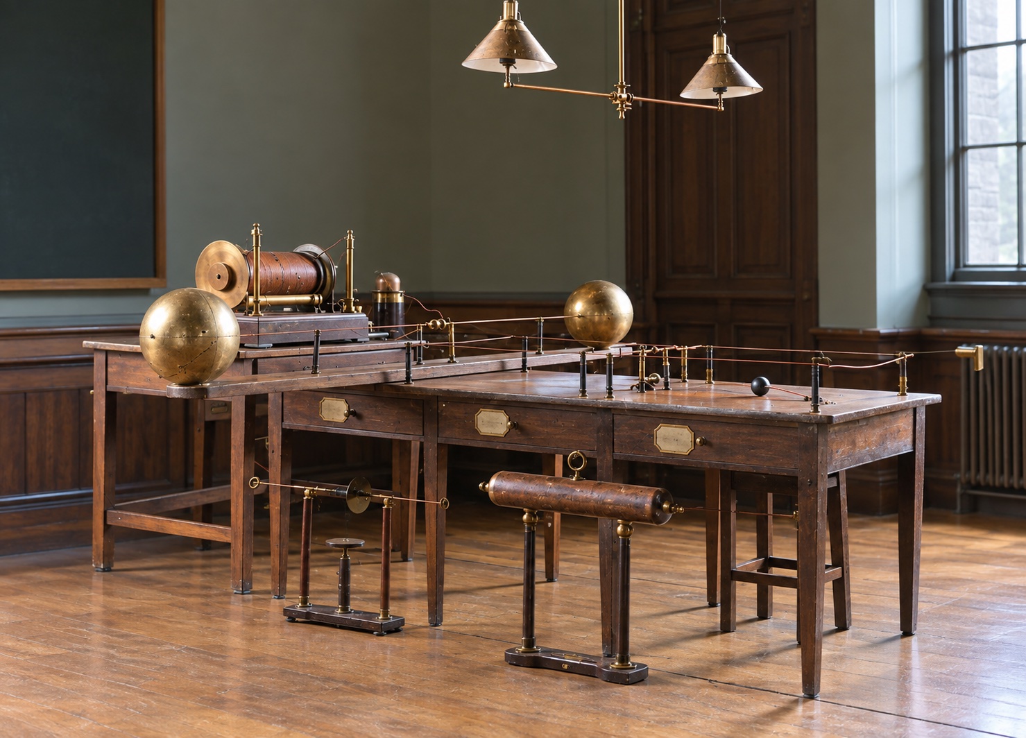 An illustration of Heinrich Hertz's 1887 spark-gap transmitter and resonator apparatus, brass spheres and coils on wooden lab benches.