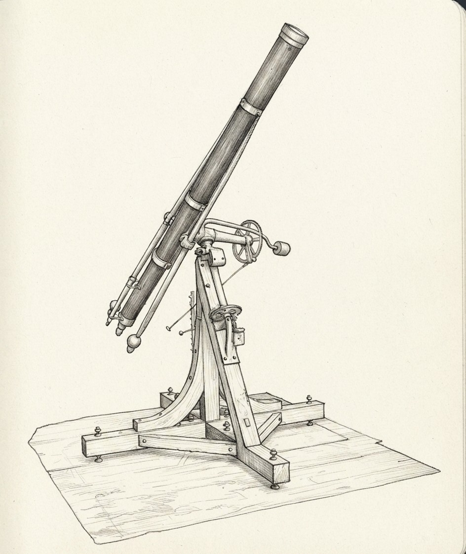 A pencil illustration of a large refracting telescope: a long tube on a wooden equatorial mount with a hand wheel and a bolted timber base, drawn on plain paper.