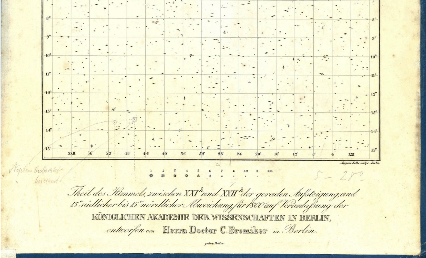 The lower half of Bremiker's Hora XXI star chart: a dense field of engraved stars on a ruled grid of right ascension and declination, printed on cream paper, with pencil marks and handwriting in the lower margin and an engraved title beneath naming the Royal Academy of Sciences in Berlin.