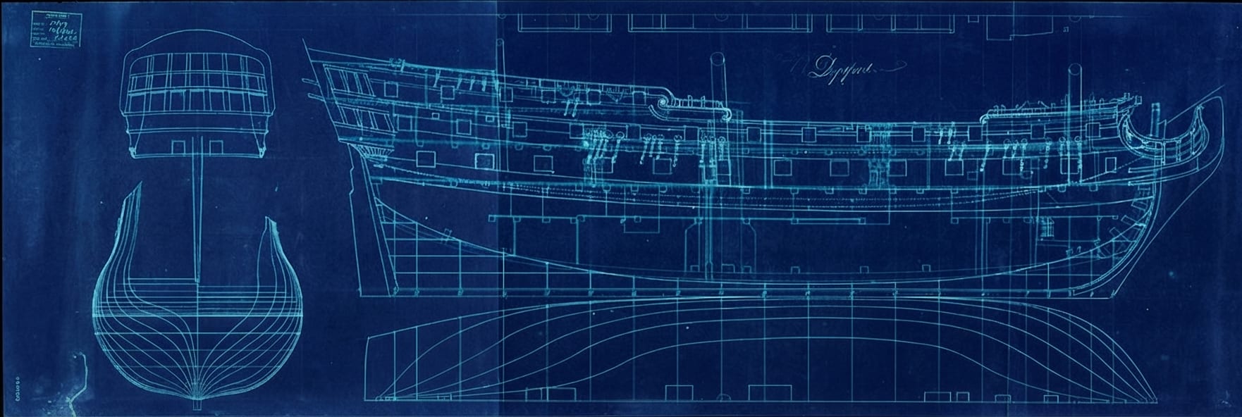 A ship's lines plan on blueprint-blue ground: a fifty-gun two-decker drawn in profile, with a body plan and a half-breadth plan alongside in fine pale-cyan line, the name Deptford lettered above the sheer.
