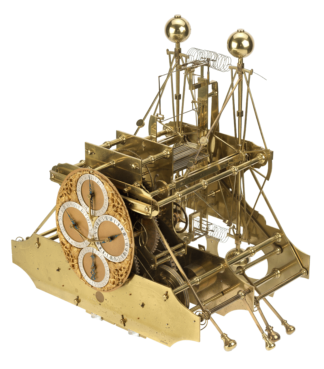 A large brass clockwork machine standing about as tall as it is wide, dominated by two heavy spherical brass weights on curved arms linked by coiled springs above a dense frame of wheels and rods, a circular engraved dial with subsidiary dials set into the front.