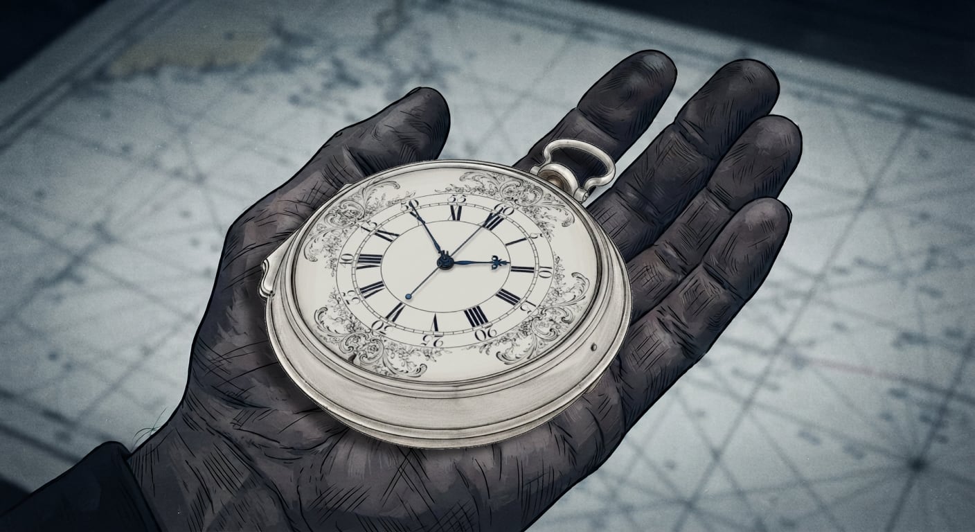A large silver-cased pocket watch resting in an open palm, its white enamel dial with black Roman numerals and fine blued hands filling most of the hand, a star chart faint in the background.