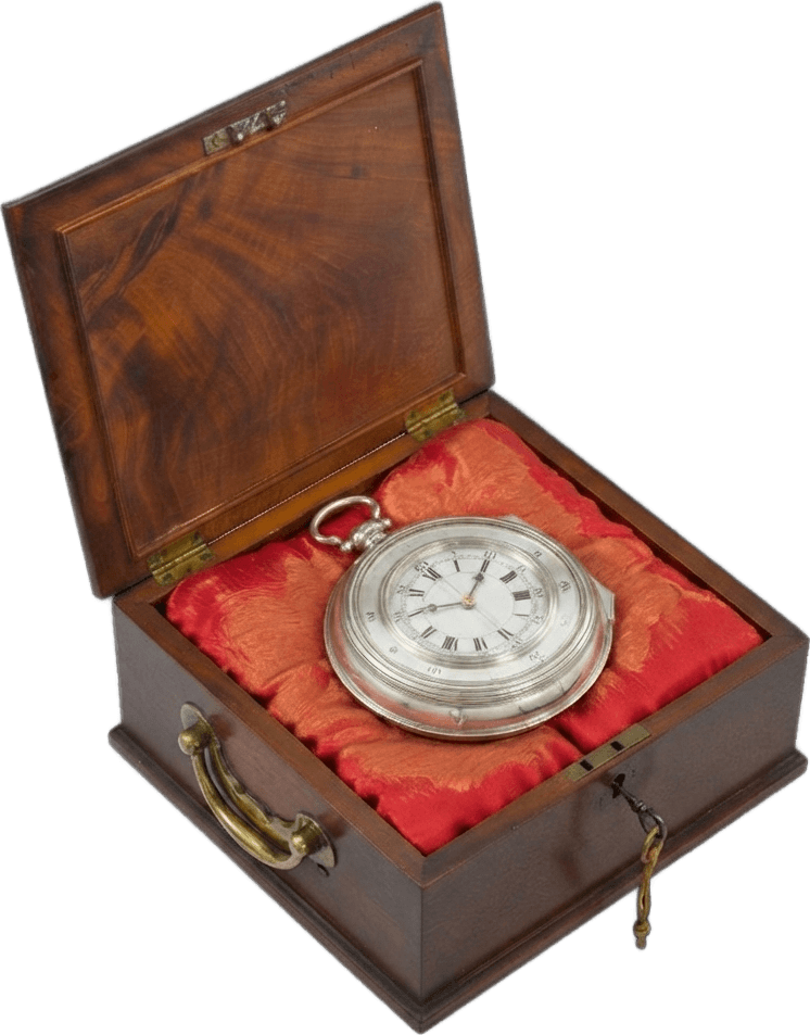 H5, closed, resting on crumpled red silk inside its fitted mahogany box with the lid raised and a winding key on a faded tassel beside it.